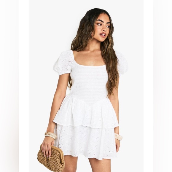 Japna Dresses & Skirts - Japna White Eyelet Tiered Puff Sleeve Smocked Mini Dress Beach Boho Summer XL